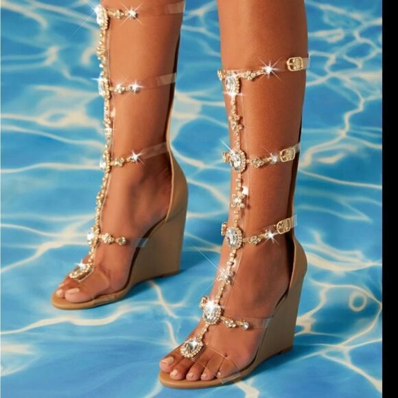 Shoe Dazzle Yulanda clear Gladiator wedge sandals jewels&gold tone accents SZ8.5 - Picture 2 of 14